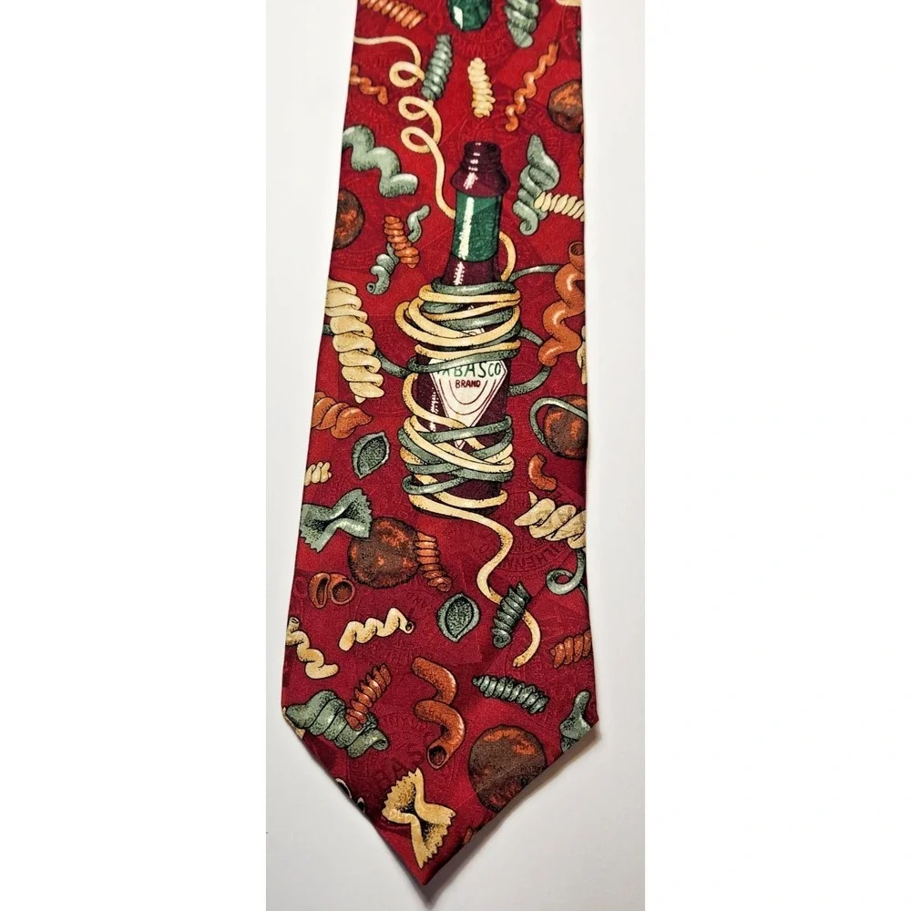 Vintage Tabasco Brand Tie Novelty Pasta Food‎ Print Red Silk Cooking Chef Gift